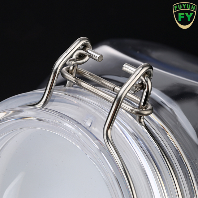 Fuyun 380ml Hot Selling Customized Empty Clear Square Transparent Food Packing Storage Metal Clip Top Plastic Airtight Jar