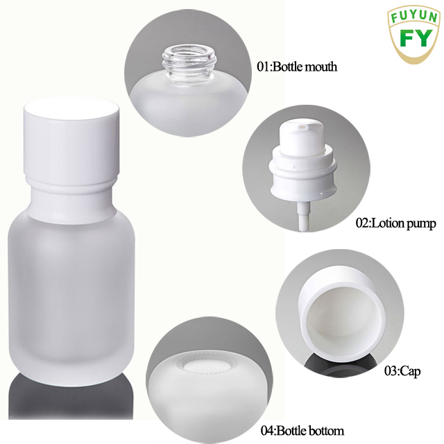 Fuyun 50ml Clear Frosted Glass Cosmetic Lotion Pump Bottle with White Screw Cap