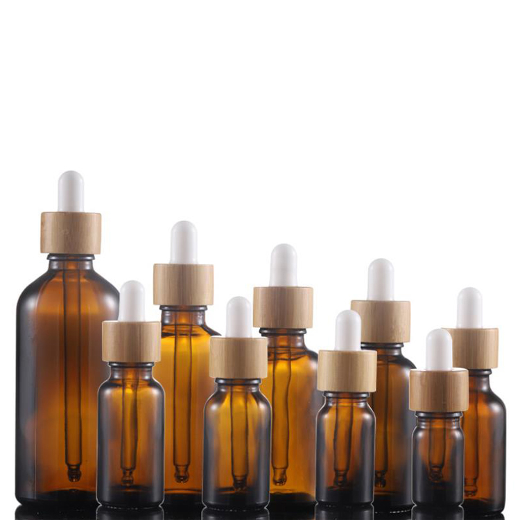 Fuyun Cheap 30ml Bamboo Essential Oil Diffuser Brown Amber Glass Essential Bottle with Dropper Bamboo