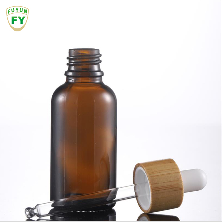 Fuyun Cheap 30ml Bamboo Essential Oil Diffuser Brown Amber Glass Essential Bottle with Dropper Bamboo