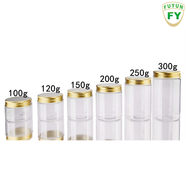 Fuyun Cookies Container Empty 250g Wide Mouth Pet Plastic Clear Empty Cosmetic Jars with Gold Aluminum Lid