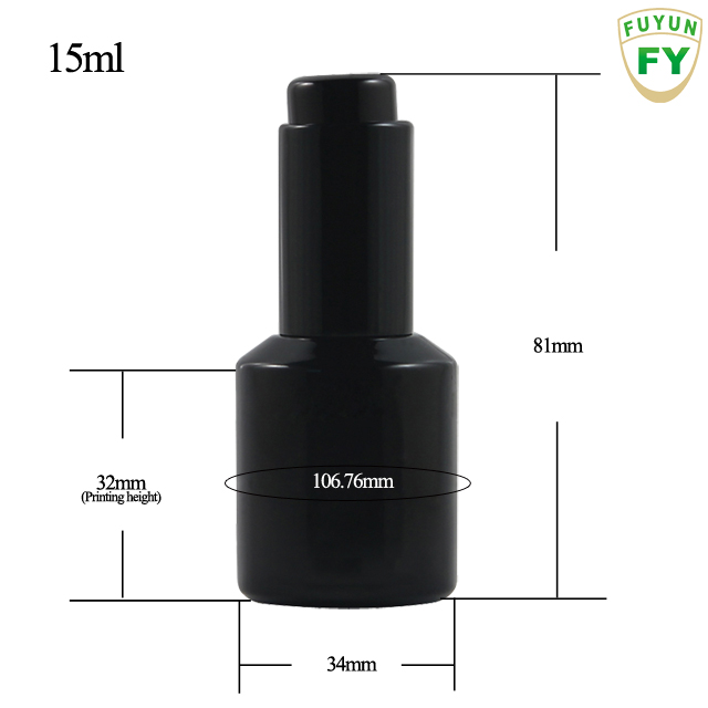 Fuyun Fast Shipping Cosmetic Packaging 15ml Slant Shoulder Shiny Black Glass Press Pump Dropper Bottle for Essential Oil