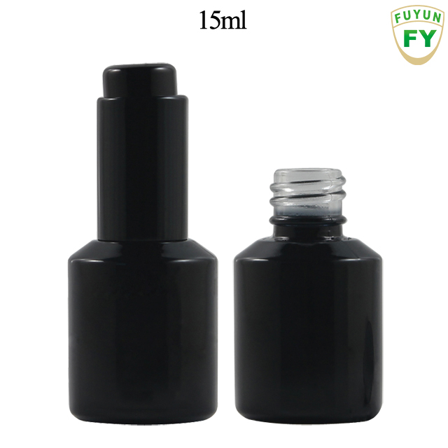 Fuyun Fast Shipping Cosmetic Packaging 15ml Slant Shoulder Shiny Black Glass Press Pump Dropper Bottle for Essential Oil