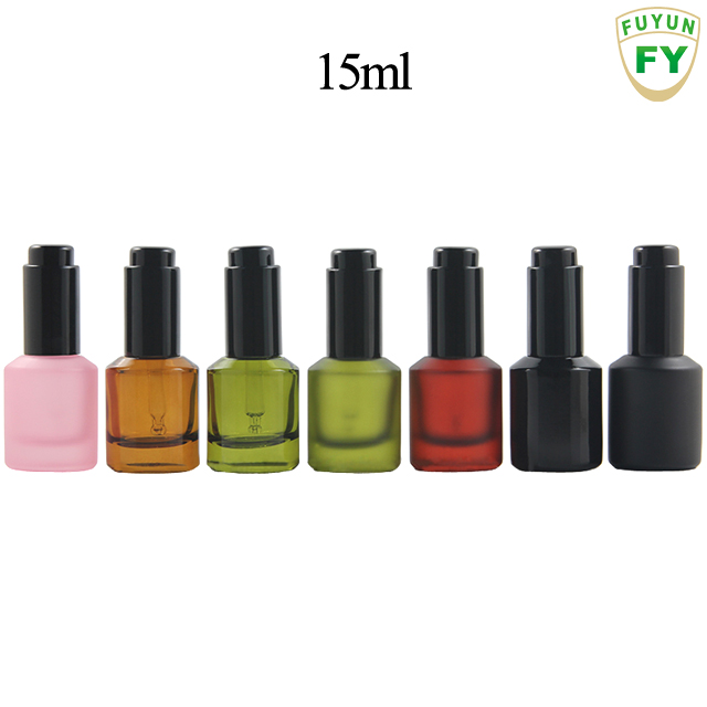 Fuyun Fast Shipping Cosmetic Packaging 15ml Slant Shoulder Shiny Black Glass Press Pump Dropper Bottle for Essential Oil