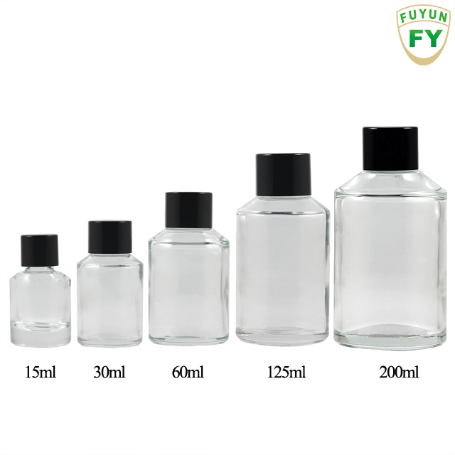 Fuyun In stock 15ml/30ml/60ml/125ml/200ml clear perfume glass bottle with black screw cap