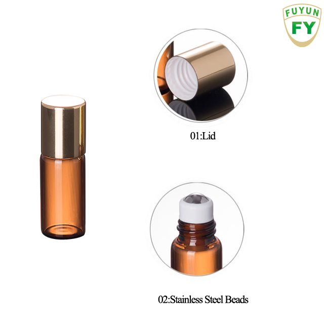 Fuyun In stock Brown 3ML Mini Glass Essential Oil Stainless Steel Roller Balls Bottle