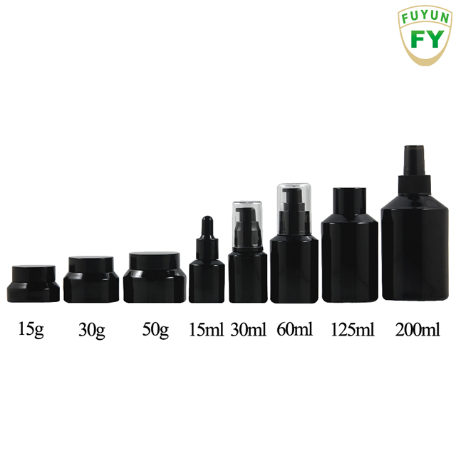 Fuyun In stock packaging 15ml/30ml/60ml/125ml/200ml empty black serum cosmetic glass lotion bottle