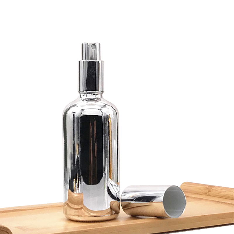 Fuyun In stock quality 100ml silver boston round spray pump glass bottle