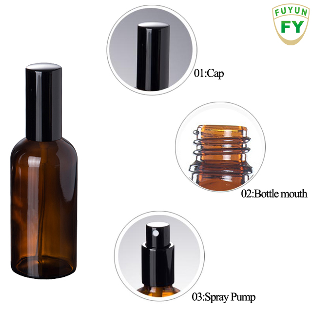 Fuyun In stock round 100ml brown color glass spray bottle with black pump
