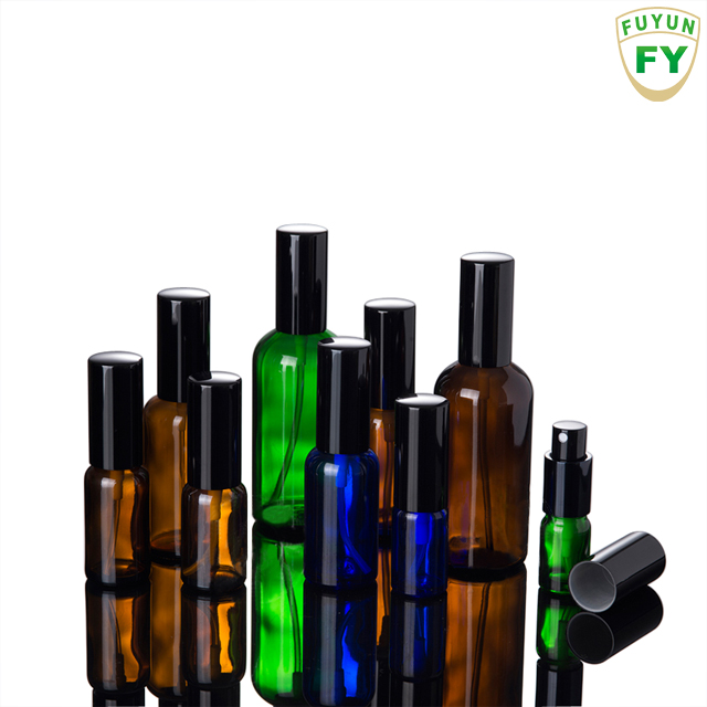 Fuyun In stock round 100ml brown color glass spray bottle with black pump