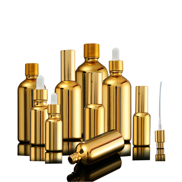 Fuyun Low Moq New Design 5ml 10ml 15ml 20ml 30ml 50ml 100ml Round Gold Glass Essential Oil Bottle with Dropper