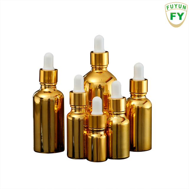 Fuyun Low Moq New Design 5ml 10ml 15ml 20ml 30ml 50ml 100ml Round Gold Glass Essential Oil Bottle with Dropper