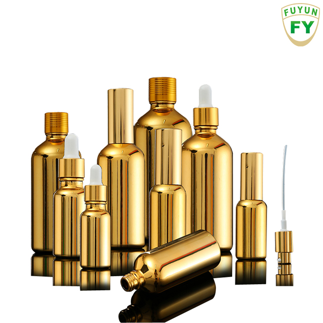 Fuyun Low Moq New Design 5ml 10ml 15ml 20ml 30ml 50ml 100ml Round Gold Glass Essential Oil Bottle with Dropper