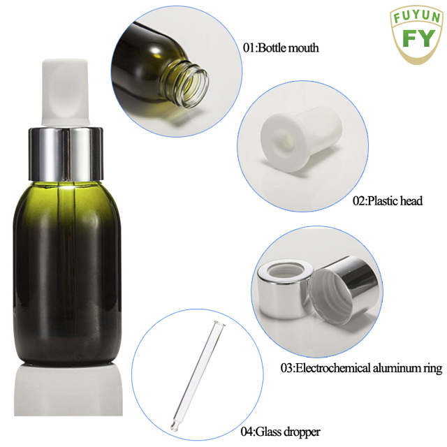 Fuyun MOQ 1pcs 50ml Green Glass Empty Package Serum Dropper Bottle, Fancy Glass Bottle with Metal Cap