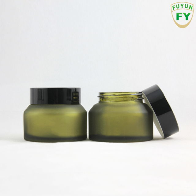Fuyun MOQ 1pcs frosted amber green luxury cosmetic jar glass jar for cosmetic 50ml with black cap