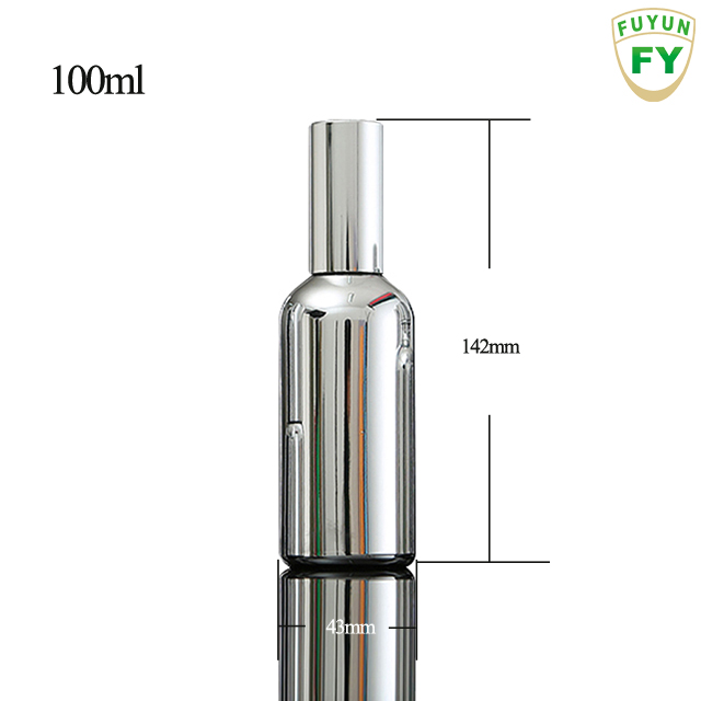 Fuyun No MOQ 100ml fancy sliding shiny silver round body sprayer pump glass bottle