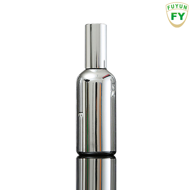 Fuyun No MOQ 100ml fancy sliding shiny silver round body sprayer pump glass bottle