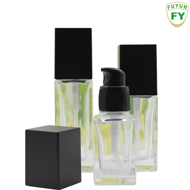 Fuyun No MOQ empty 30ml clear square cosmetic glass pump bottle