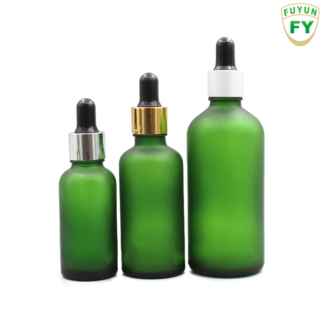 Fuyun No MOQ wholesale 5ml/10ml /15ml/ 20ml / 30ml / 50ml/100ml frosted green essential oil glass dropper bottle