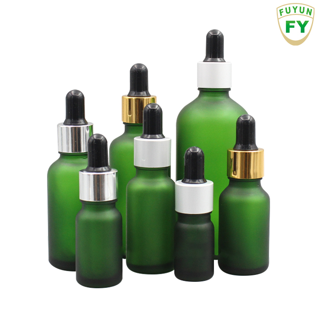 Fuyun No MOQ wholesale 5ml/10ml /15ml/ 20ml / 30ml / 50ml/100ml frosted green essential oil glass dropper bottle