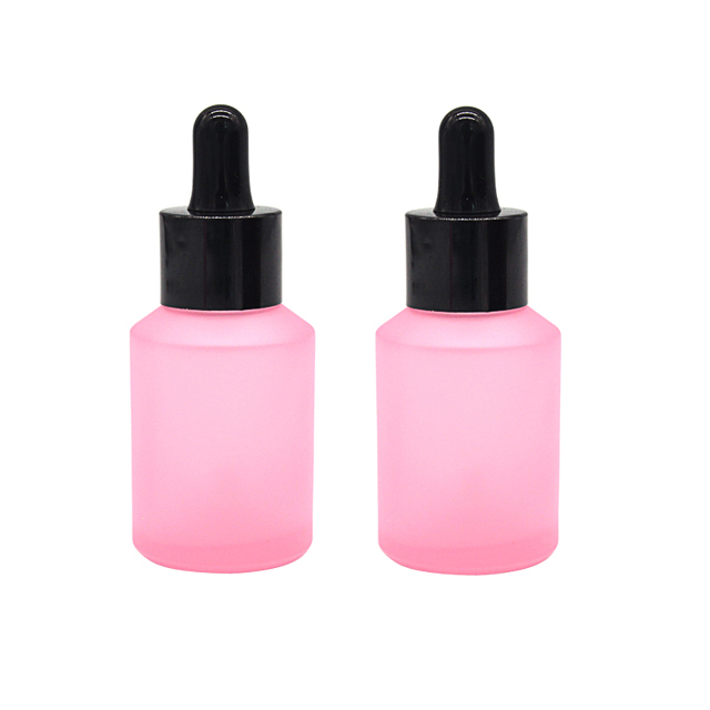 Fuyun Pink Cosmetic Frosted Glass Serum Dropper Bottle 30ml Essential Oil Glass Bottle with Black Collar