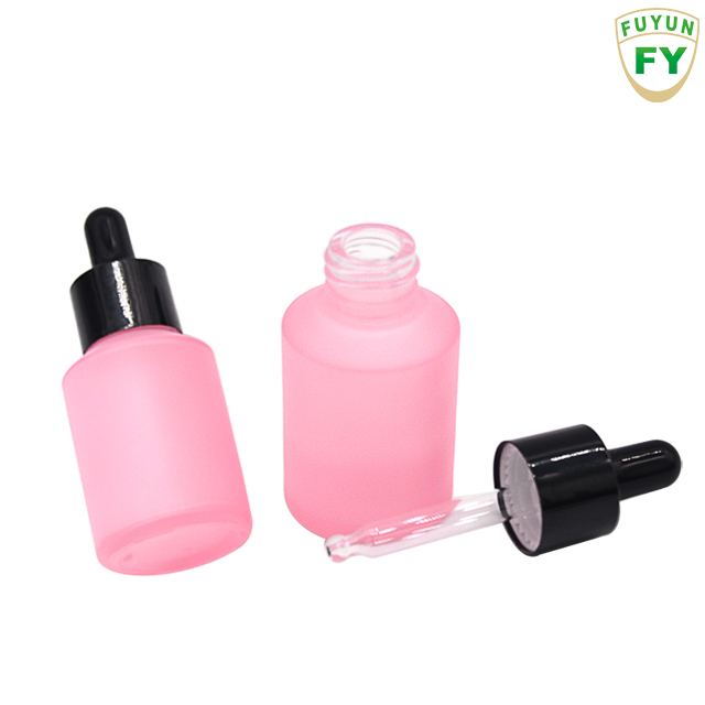 Fuyun Pink Cosmetic Frosted Glass Serum Dropper Bottle 30ml Essential Oil Glass Bottle with Black Collar