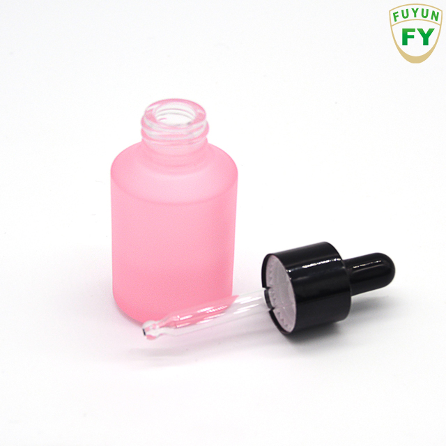 Fuyun Pink Cosmetic Frosted Glass Serum Dropper Bottle 30ml Essential Oil Glass Bottle with Black Collar