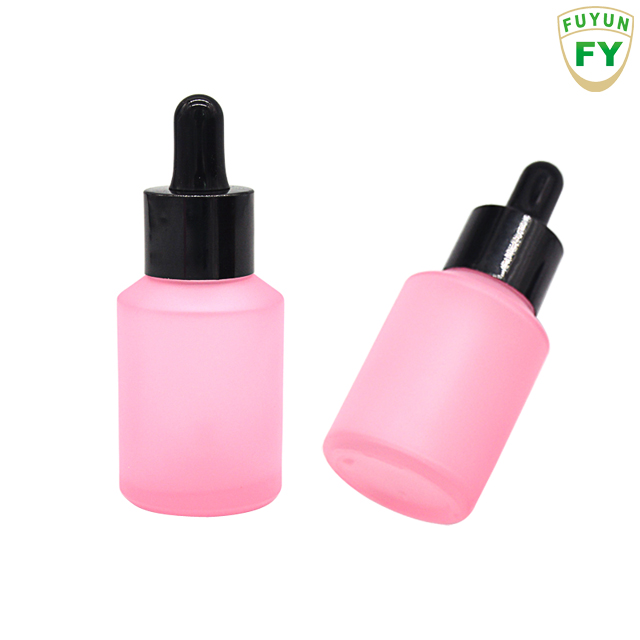 Fuyun Pink Cosmetic Frosted Glass Serum Dropper Bottle 30ml Essential Oil Glass Bottle with Black Collar