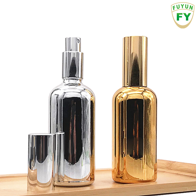 Fuyun Quick Shipping Silver Color Plated Essential Oil Spray Bottle 100ml Empty Glass Perfume Oil Bottles with Sprayer