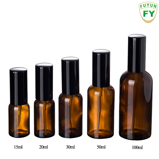 Fuyun Quick shipping 30ml Empty Amber Smooth Round Packaging Glass Spray Pump Bottle