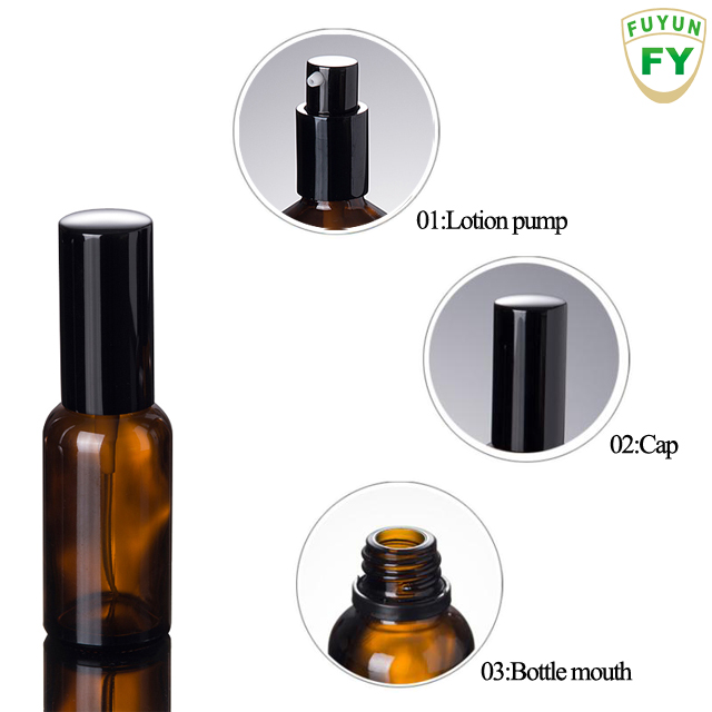 Fuyun Quick shipping 30ml Empty Amber Smooth Round Packaging Glass Spray Pump Bottle