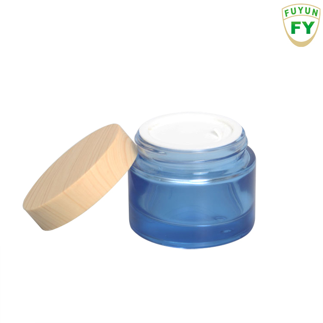 Fuyun Quick shipping cosmetic cream skin care blue glass jar and bottle with bamboo screw cap
