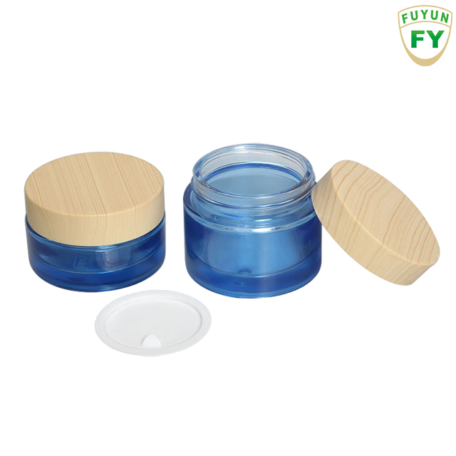 Fuyun Quick shipping cosmetic cream skin care blue glass jar and bottle with bamboo screw cap