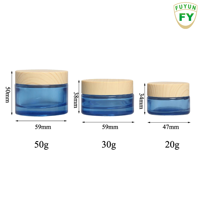 Fuyun Quick shipping cosmetic cream skin care blue glass jar and bottle with bamboo screw cap
