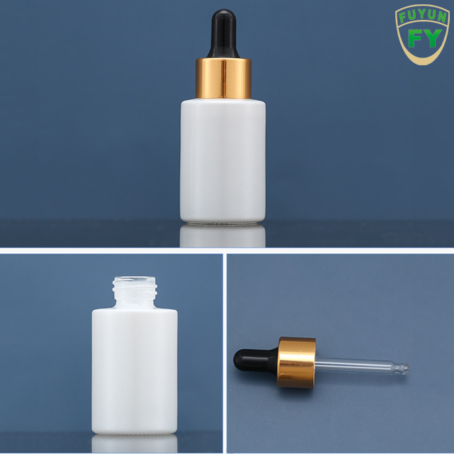Fuyun Ready to Ship Skin Care Massage Oil 30ml White Glass Empty Essential Oil Dropper Bottles with Gold Dropper Top