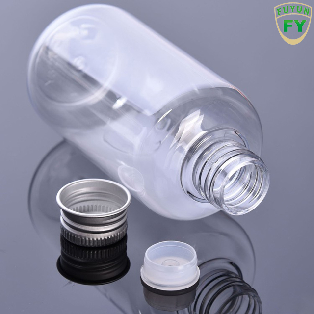 Fuyun Ready to ship 100ml/200ml/300ml empty clear/amber plastic pet bottle with aluminum cap
