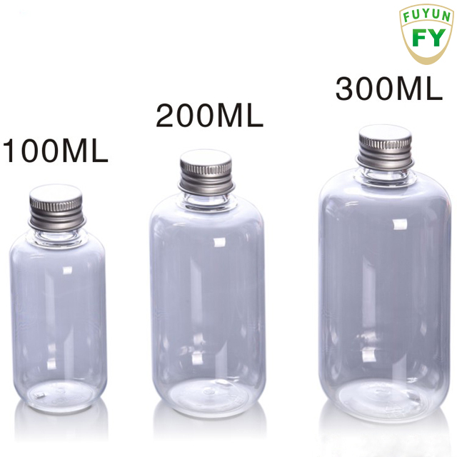 Fuyun Ready to ship 100ml/200ml/300ml empty clear/amber plastic pet bottle with aluminum cap