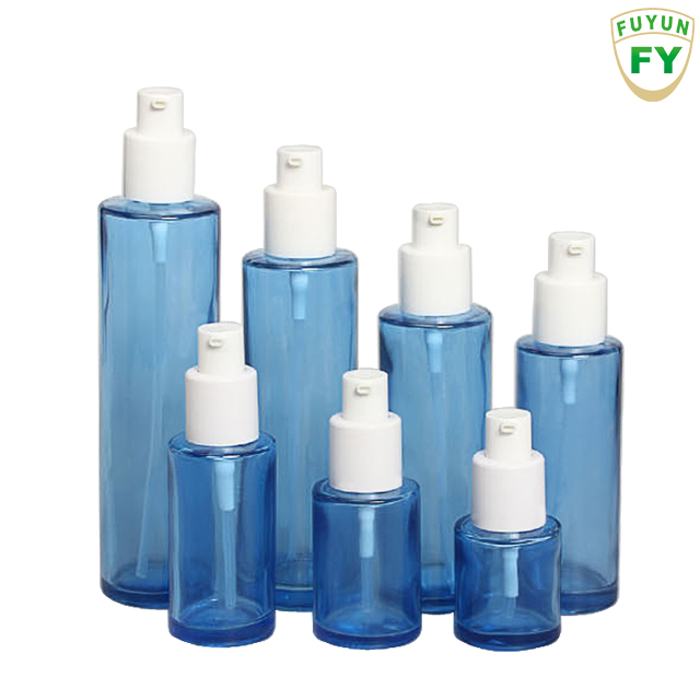 Fuyun Ready to ship 20ml/30ml/40ml/60ml/100ml/120ml cosmetic packaging smooth blue lotion pump empty spray glass bottle