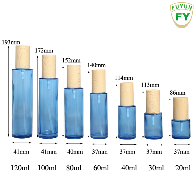 Fuyun Ready to ship 20ml/30ml/40ml/60ml/100ml/120ml cosmetic packaging smooth blue lotion pump empty spray glass bottle