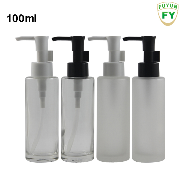 Fuyun Ready to ship high quality100ml flat shoulder clear/frosted glass lotion pump bottle