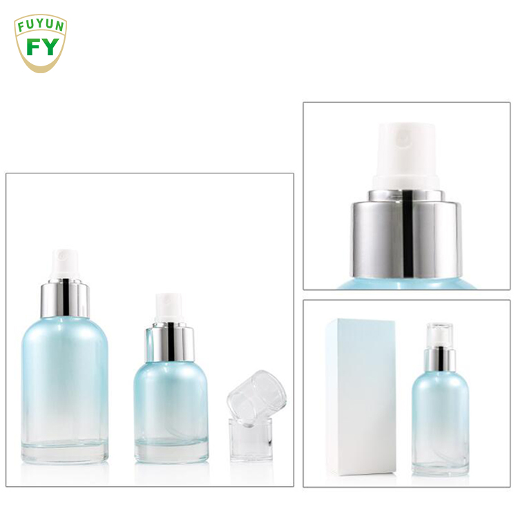 Fuyun Skincare Packaging 40ml 100ml 120ml Blue Refillable Glass Cosmetic Jar Toner Essence Lotion Bottles for Sale