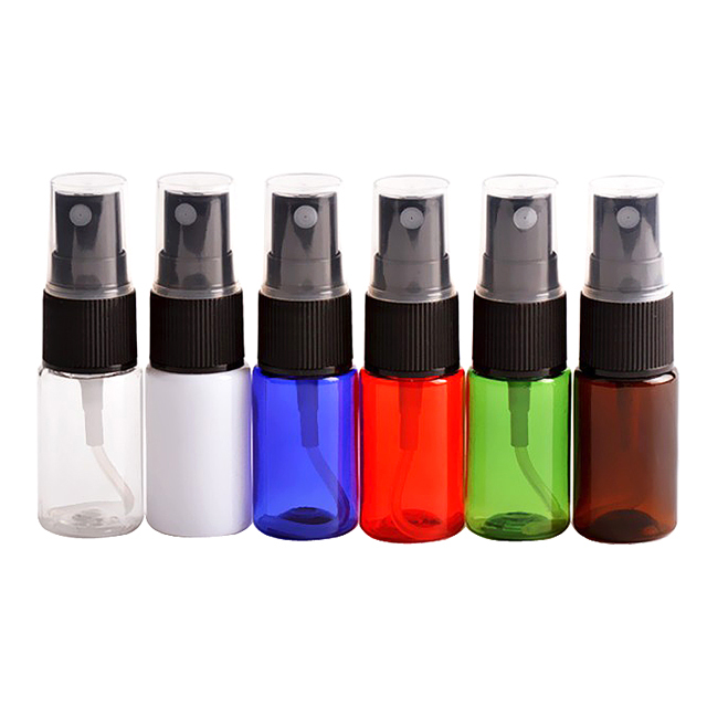 Fuyun Small order 10ml transparent / white / blue / red / green / brown color plastic empty bottle with sprayer pump