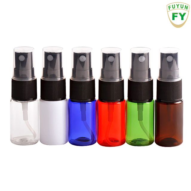 Fuyun Small order 10ml transparent / white / blue / red / green / brown color plastic empty bottle with sprayer pump