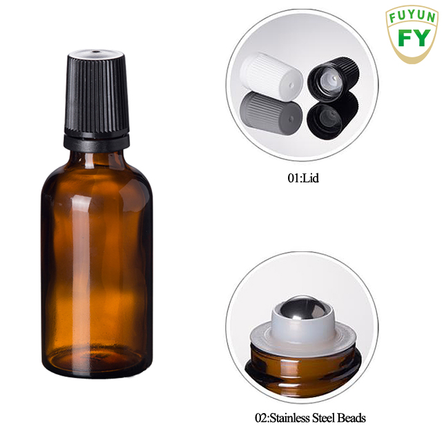 Fuyun Small order amber 50ml essential oils metal roller glass bottle