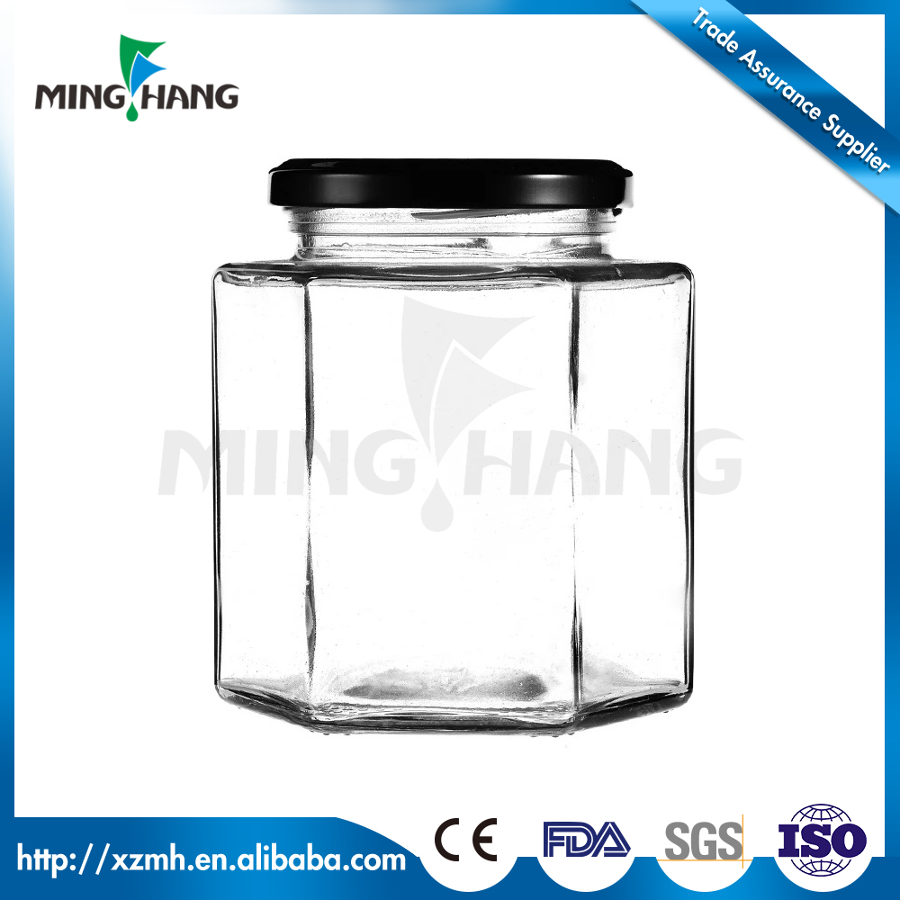 Glass 300 ml mason 380ml 250 ml 65g 100ml glass hexagon jar with metal lid glass jar for honey