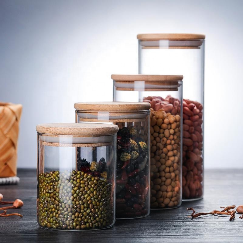 Glass Airtight Canister Home Kitchen Food Spice Candy Storage Jar Bamboo Lid Glass Jar