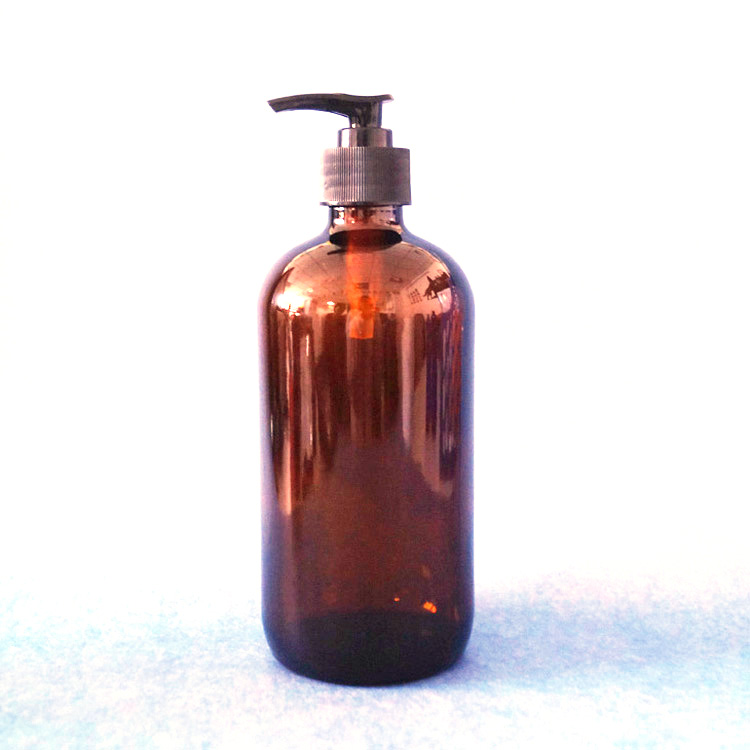 Glass Bottle Amber PUMP Sprayer Essential Oil Screen Printing Personal Care 16oz 500ml with Pump Cap Boston Round Cosmetic