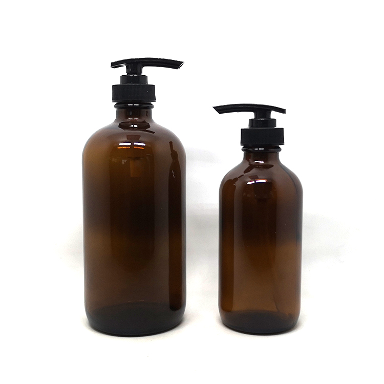 Glass Bottle Amber PUMP Sprayer Essential Oil Screen Printing Personal Care 16oz 500ml with Pump Cap Boston Round Cosmetic
