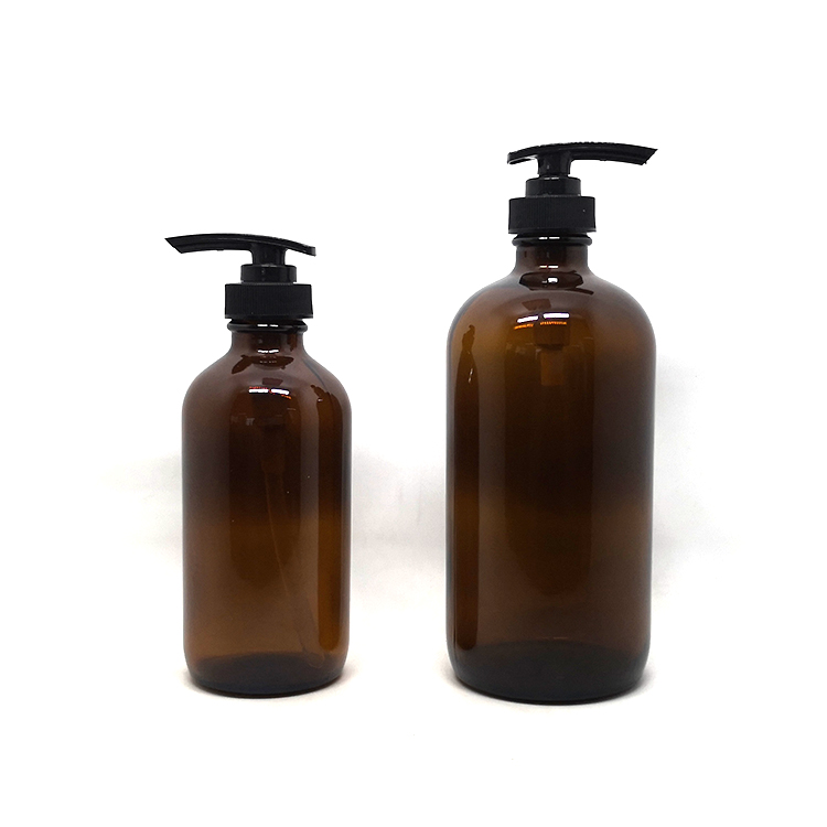 Glass Bottle Amber PUMP Sprayer Essential Oil Screen Printing Personal Care 16oz 500ml with Pump Cap Boston Round Cosmetic