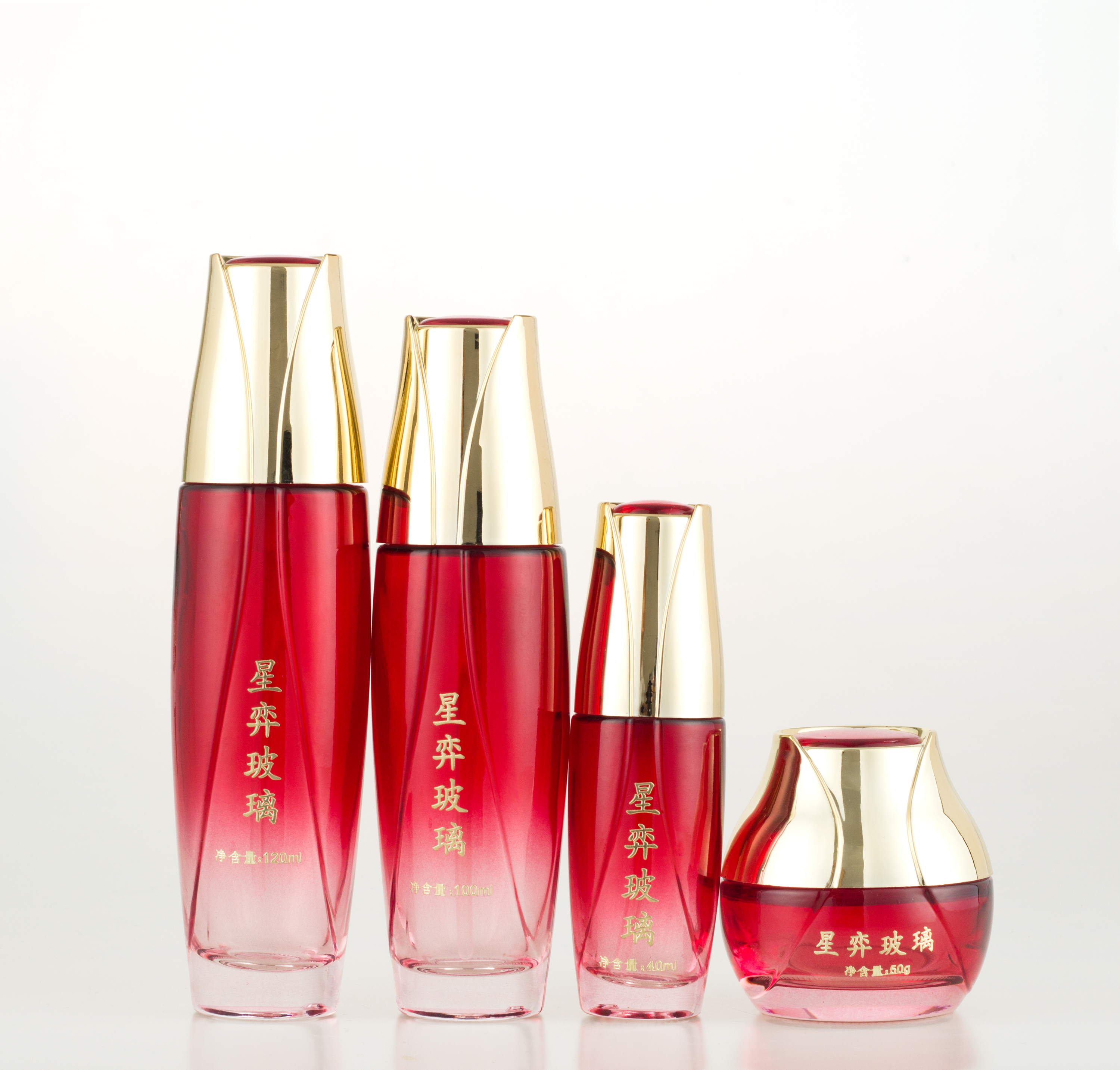 Glass Bottle Rose Red with Golden Lid Glass Products Skin Care Cream Screen Printing Personal Care 50G 40ML 100ML 120ML Cylinder
